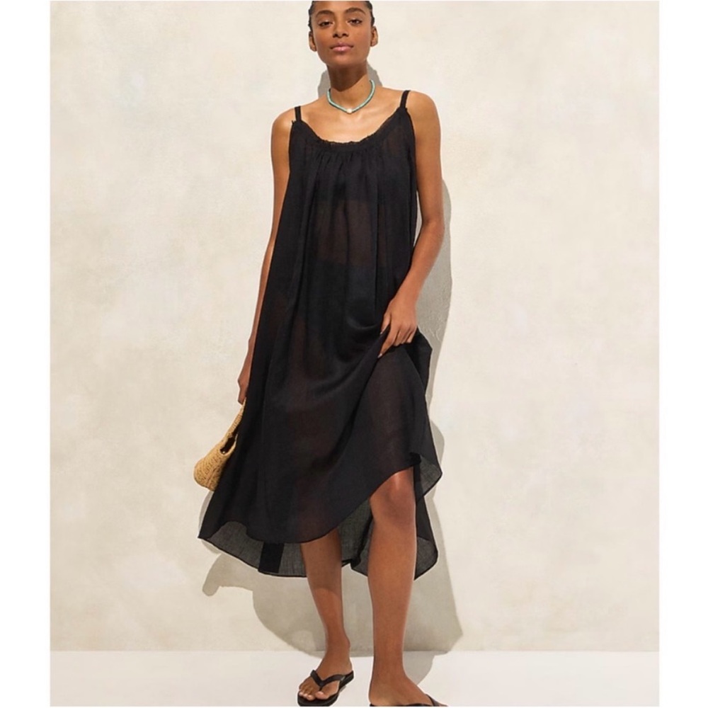 J. Crew Black Trapeze Coverup Midi Dress in Ramie